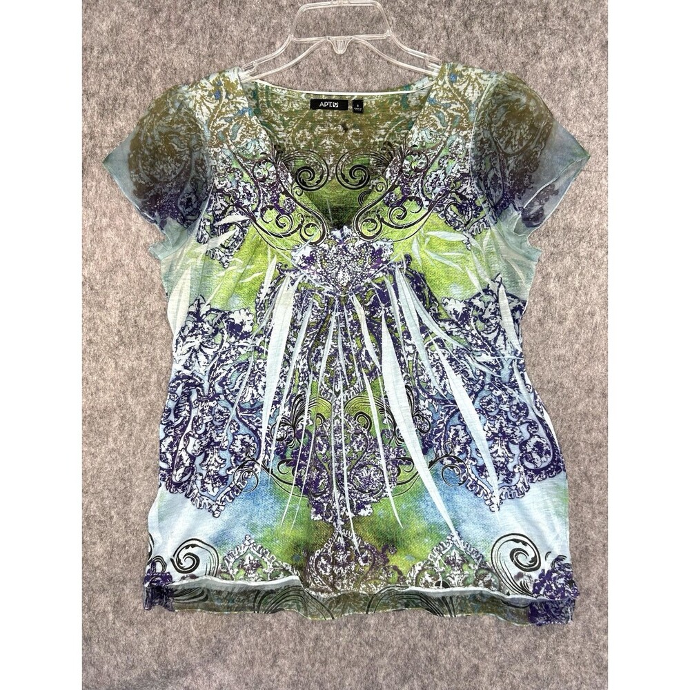 Apt 9 Floral Fairy Beaded Embellished Top Size S Flutter Sleeve Sheer Whimsy